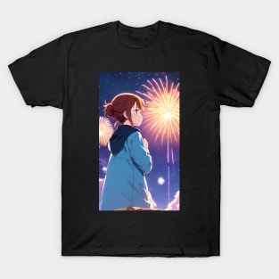 Anime Kawaii Girl With Fireworks View T-Shirt